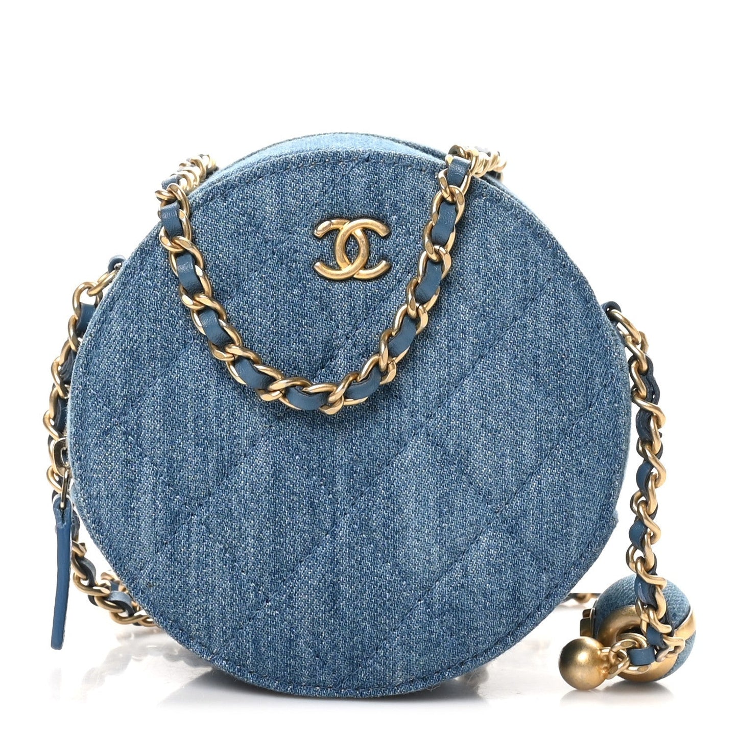 Denim Quilted Round Pearl Crush Clutch With Chain Blue