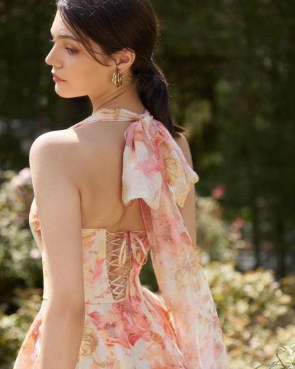 Pink floral halter neck slim waist short skirt homecoming dress R2883
