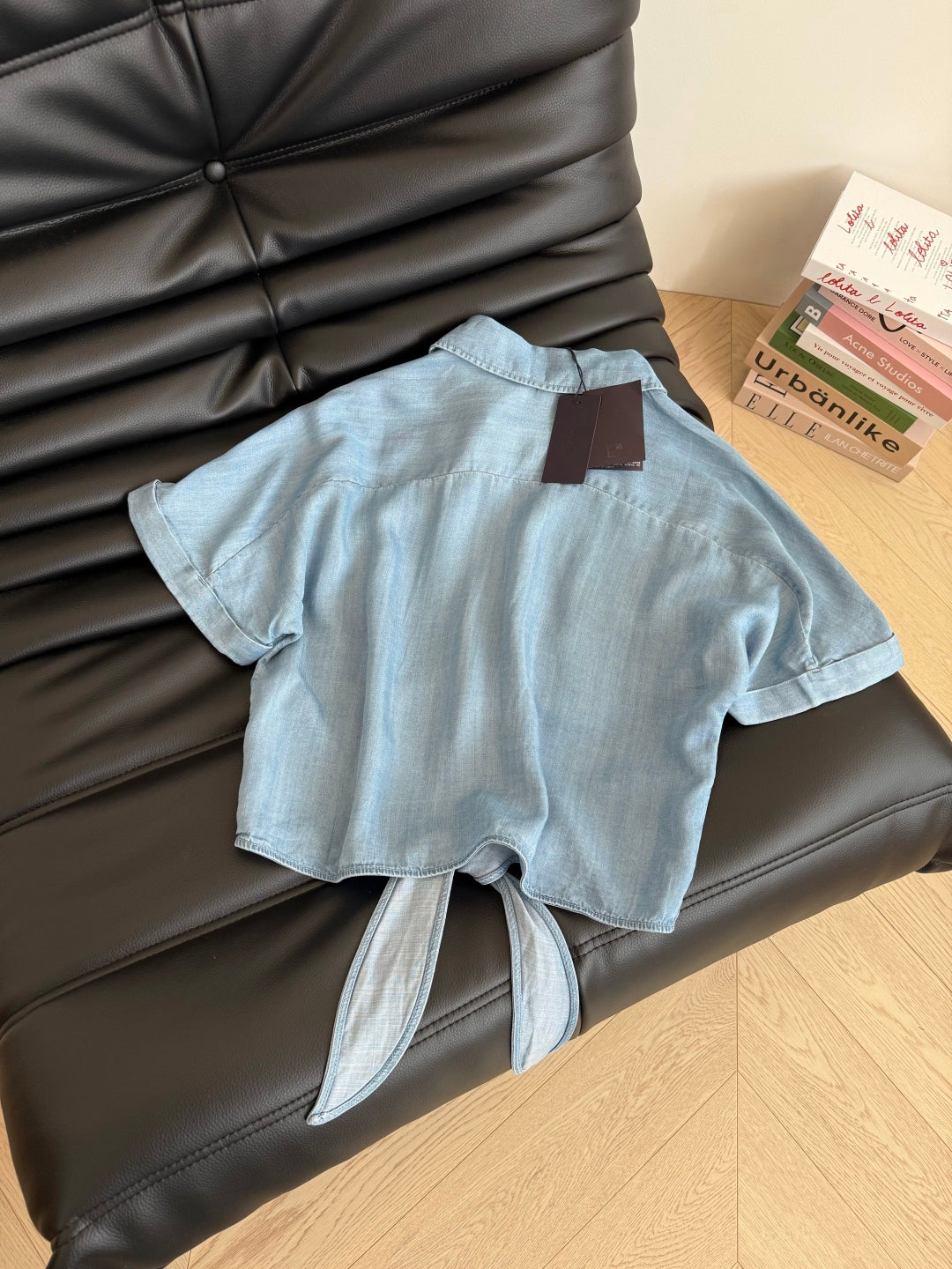 Prada Denim Bow Tie Shirt Light Blue Cotton