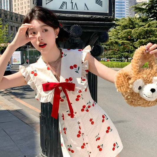 White baby doll collar cute style cherry print waist slim fit short skirt homecoming dress R4043