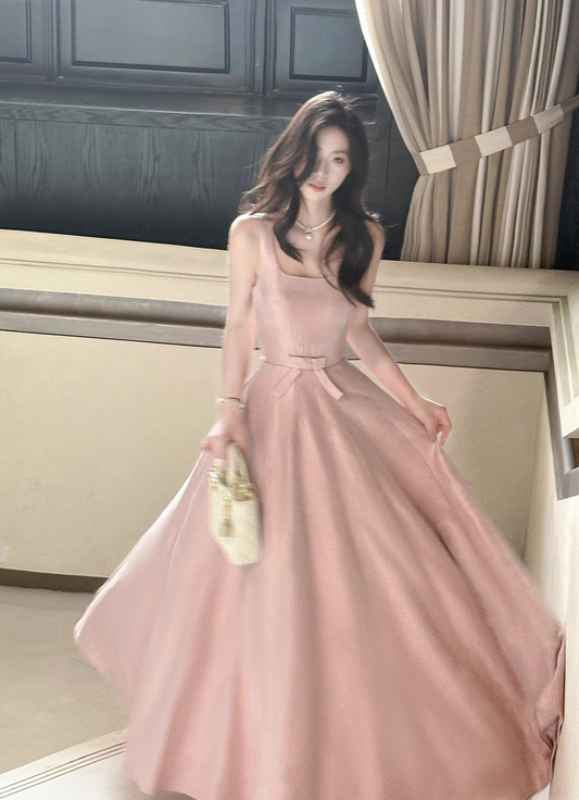 Elegant Vintage-Inspired Pink Satin Bow Detail Straps Midi Evening Gown TP5314
