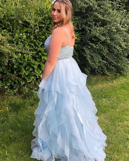 Stunning Ball Gown V Neck Blue Tulle Prom Dresses with Beading