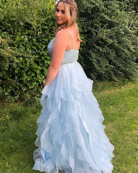 Stunning Ball Gown V Neck Blue Tulle Prom Dresses with Beading