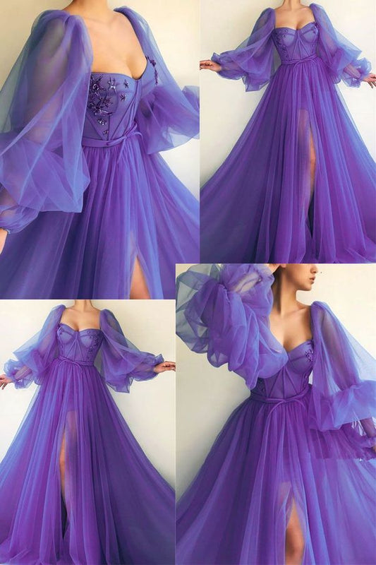Purple long sleeves tulle prom dress bubble sleeves evening dress long formal gown