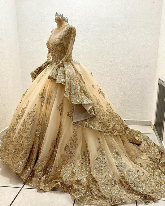 Gorgeous Glittering Golden Beaded Sweet 16 Quinceanera A-Line Floor-length Prom Dress Birthday Dress Evening Dress Ball Gown TP4412
