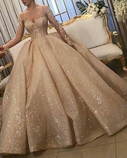 Champagne tulle sequin long prom dress ball gown evening dress