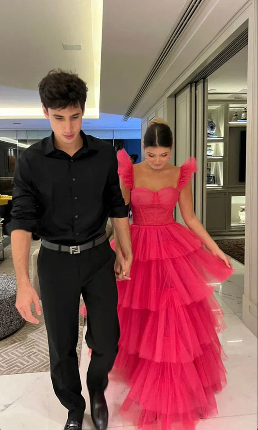 PM488,Watermelon Red Pink tulle prom dresses long evening dress