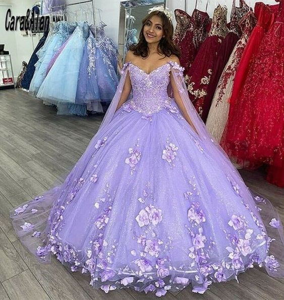 Light Purple Quinceanera Dresses With Cape 3D Floral Applique Ball Gown Sweet 16 Prom Gowns