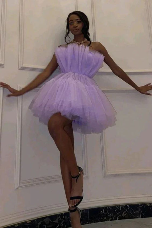Lavender Strapless Tulle Short Homecoming Dress Short Prom Gown