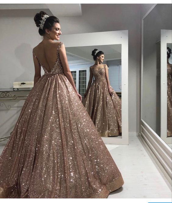 Champagne sequin long prom dress ball gown evening dress