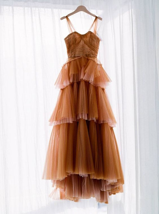 ball gown long brown tulle prom dresses