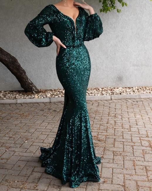 Sparkly Green Long Sleeve Evening Dresses charming V Neck Backless Mermaid Formal Evening Gowns