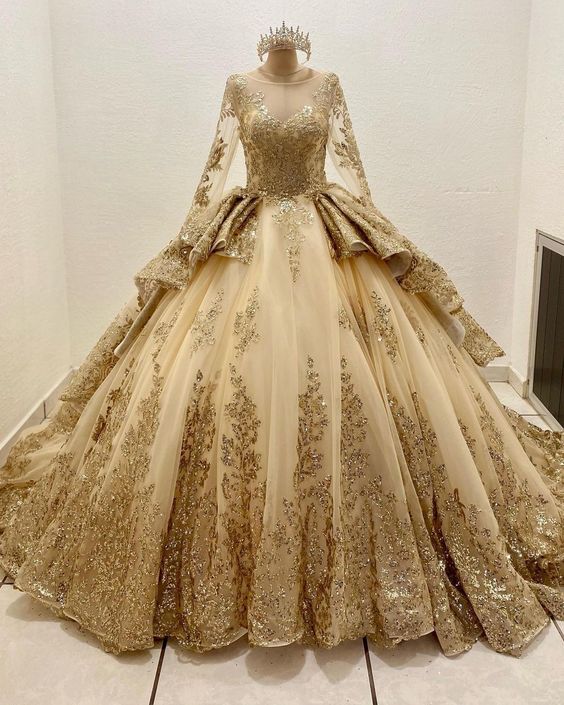 Gorgeous Glittering Golden Beaded Sweet 16 Quinceanera A-Line Floor-length Prom Dress Birthday Dress Evening Dress Ball Gown TP4412