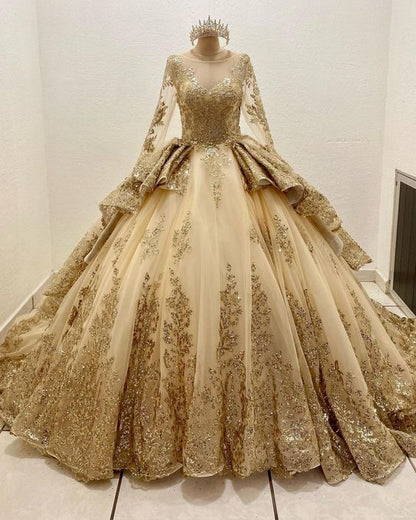 Gorgeous Glittering Golden Beaded Sweet 16 Quinceanera A-Line Floor-length Prom Dress Birthday Dress Evening Dress Ball Gown TP4412