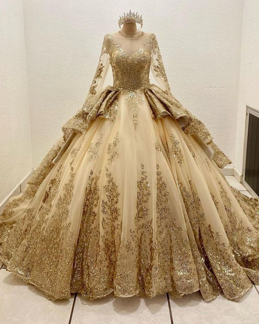 Gorgeous Glittering Golden Beaded Sweet 16 Quinceanera A-Line Floor-length Prom Dress Birthday Dress Evening Dress Ball Gown TP4412