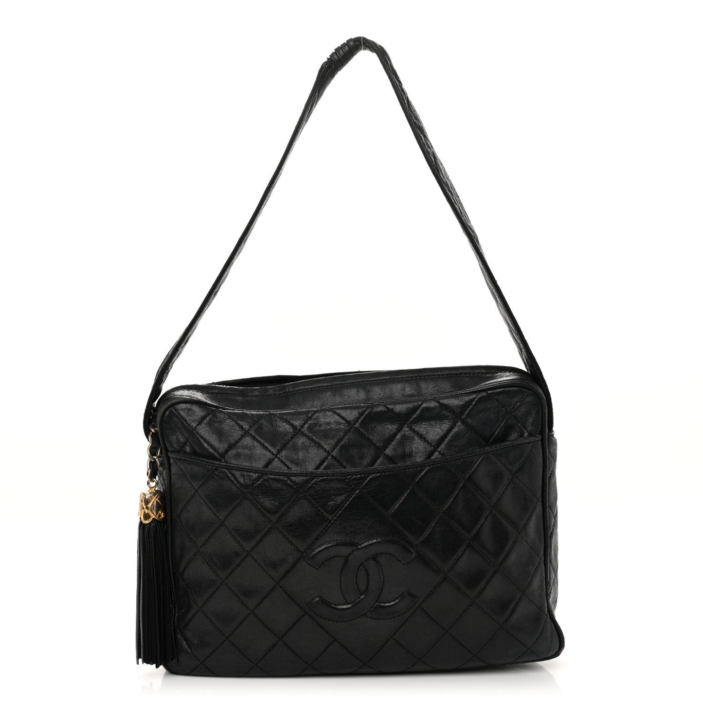 Lambskin Quilted CC Tassel Camera Case Black