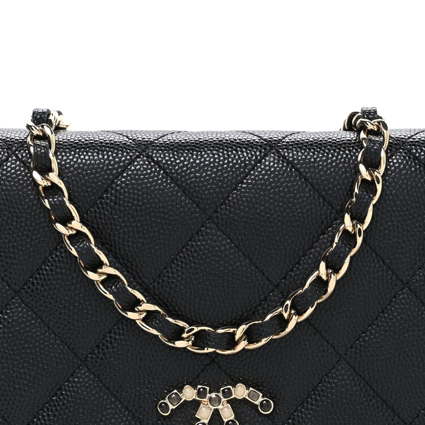 Shiny Caviar Enamel Quilted CC Wallet On Chain WOC Black