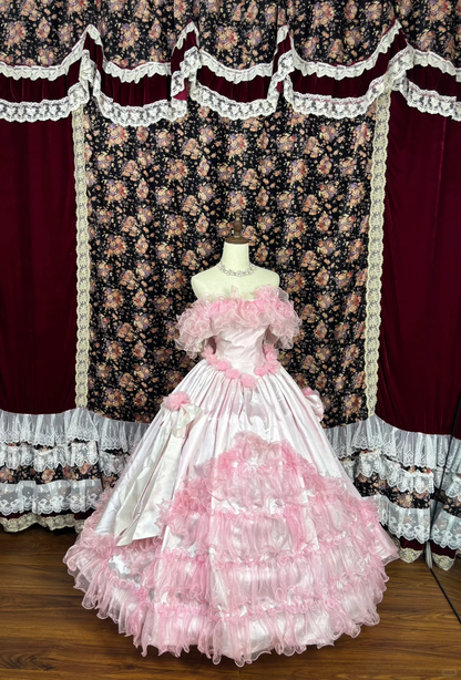 Vintage Pink Satin Tulle 3D Flowers Off-the-shoulder Sweet 16 Quinceanera A-Line Evening Dress Ball Gown TP4264