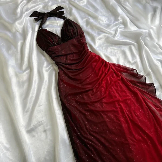 Charming Halter Ombre Red Chiffon Long Prom Dress Party Evening Gown cc1398
