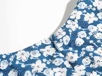 2025 Summer New French Square Neck Blue Temperament Floral Holiday Platycodon Dress R0945