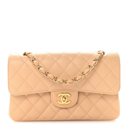 Caviar Quilted Small Double Flap Beige
