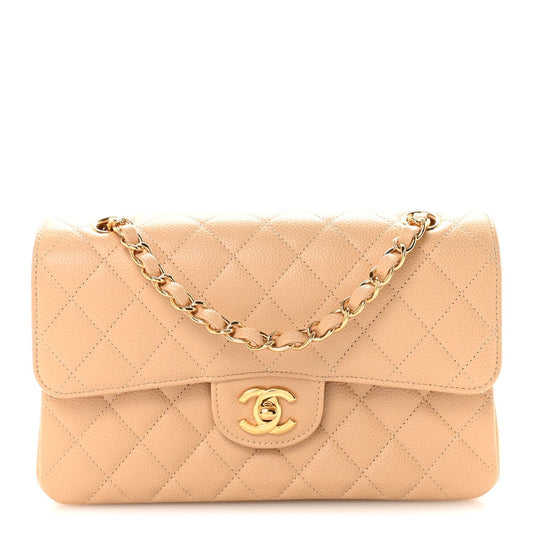 Caviar Quilted Small Double Flap Beige