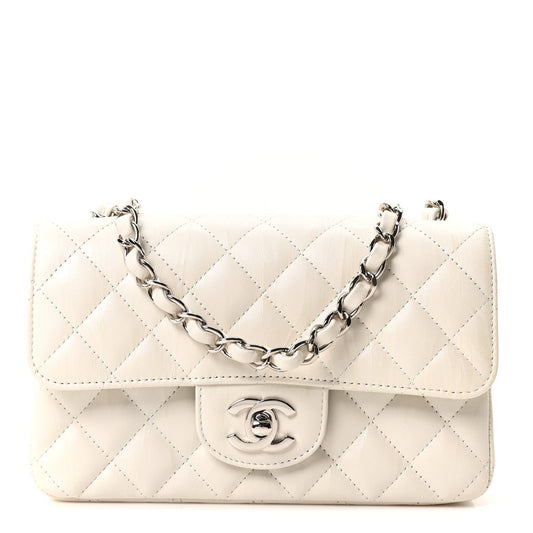 Iridescent Calfskin Quilted Mini Rectangular Flap White