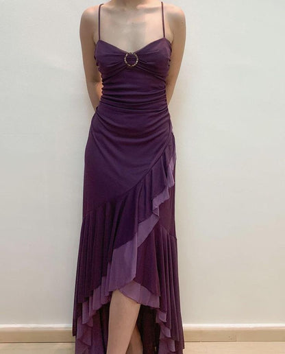 Purple suspenders slim waist irregular skirt homecoming dress R2772