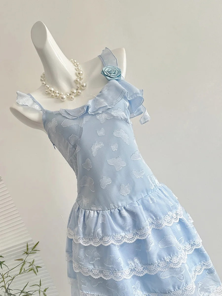 Sweet Light Blue Cake Skirt Multi-layer Lace Chiffon Short 16th Birthday Homecoming Dress P3994