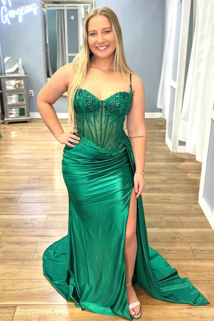 Gorgeous Mermaid Spaghetti Straps Silver Glitter Prom Dress with Split Slit