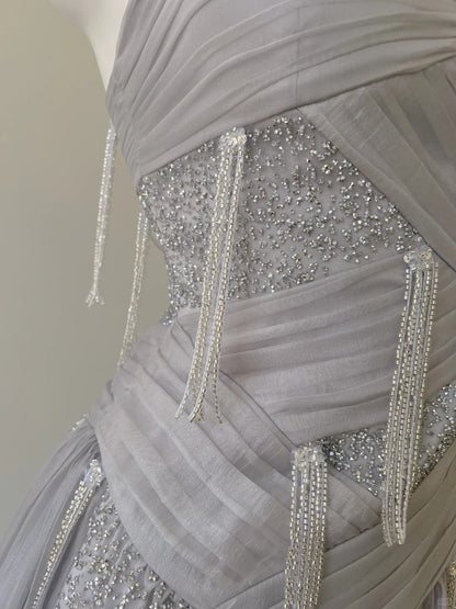 Sparkling A-line Strap Sequined Tassel Tulle Long Prom Dress Evening Dress P4060