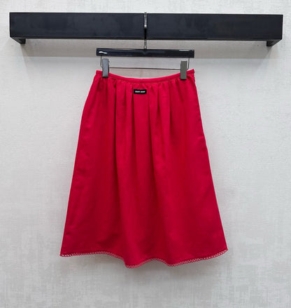 Miu SS26 Set Scalloped-Collar Shirt A-line Skirt Red Cotton Linen 351911