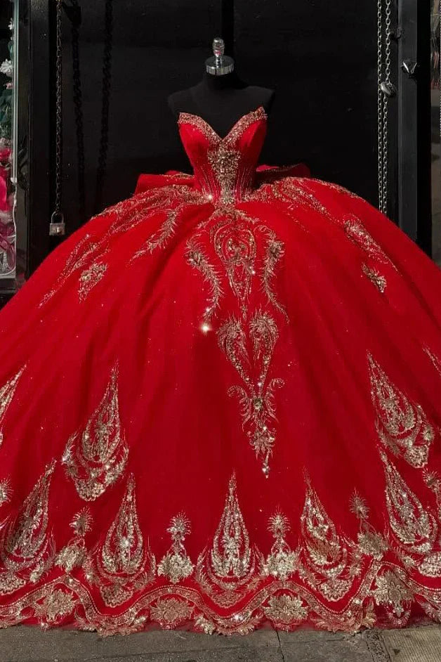 Elegant Red Sweetheart Golden Embroidered Sequins Quinceanera Ball Gown TP5243