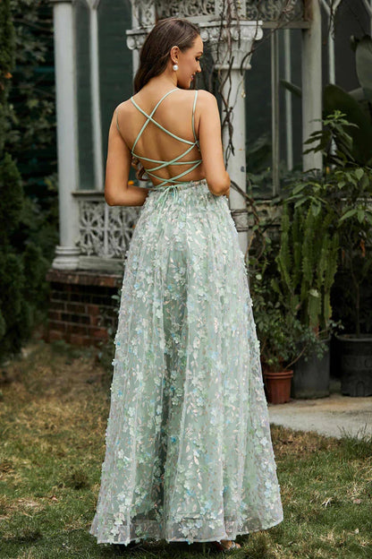 omberprom Fashion Flowers Prom Dresses A-Line Evening Dress Lace Dress With Slit