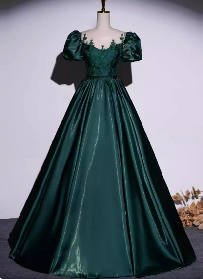 Vintage Royal Emerald Green Crew Neck A-line Embroidered Satin Long Prom Dress Evening Dress P4601