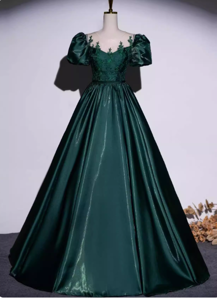 Vintage Royal Emerald Green Crew Neck A-line Embroidered Satin Long Prom Dress Evening Dress P4601