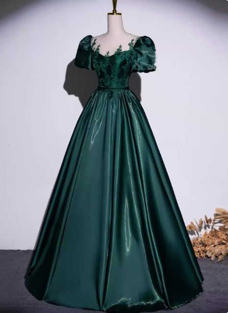 Vintage Royal Emerald Green Crew Neck A-line Embroidered Satin Long Prom Dress Evening Dress P4601