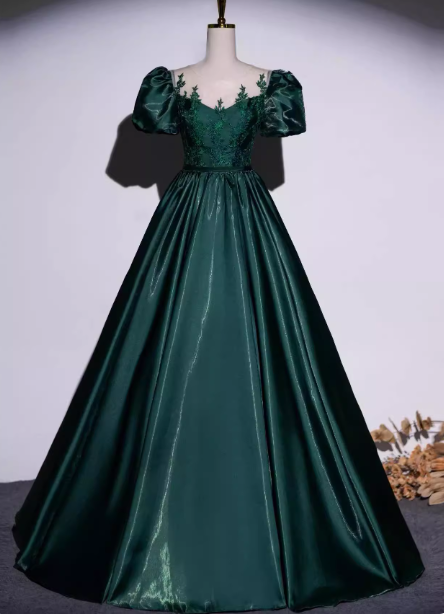 Vintage Royal Emerald Green Crew Neck A-line Embroidered Satin Long Prom Dress Evening Dress P4601