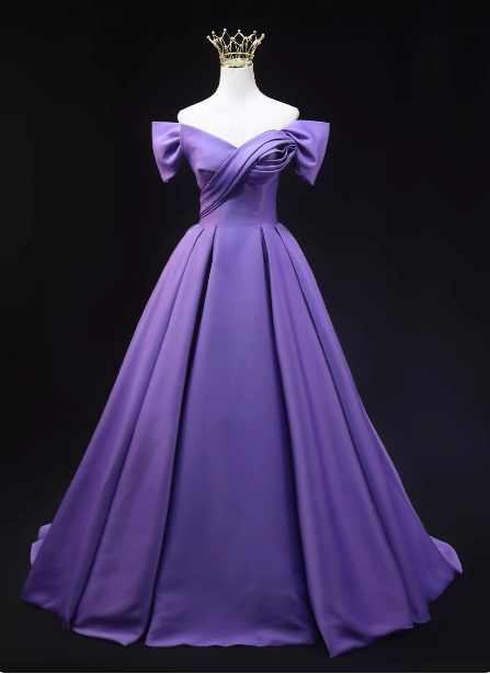 Elegant Lavender Off-the-shoulder Ruffled Satin Long Prom Dress Evening Dress P4602