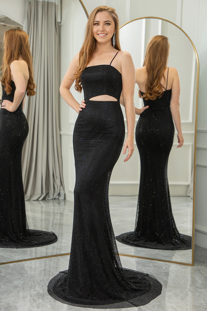 omberprom Mermaid Evening Dress Spaghetti Straps Cut Out Long Prom Dress Glitter Black