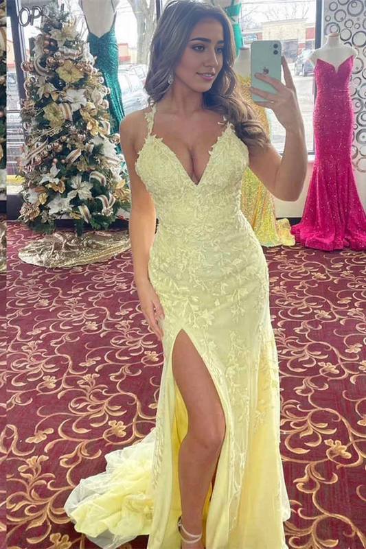 omberprom Elegant Evening Dress V-Neck Light Yellow long Prom Dress with Lace Appliques
