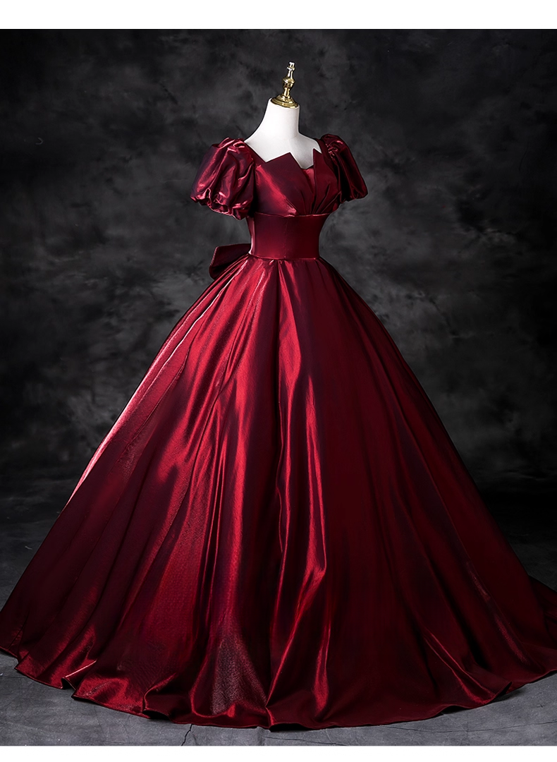 Elegant Burgundy Satin Sweet 16 A-Line Puff Sleeves Quinceanera Ball Gown TP5209
