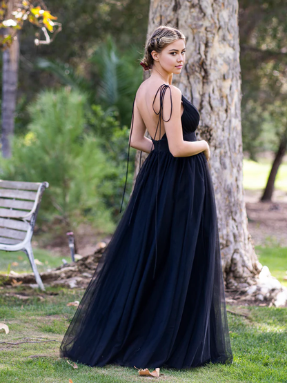 omberprom Elegant Deep Evening Dress V-neck Tulle Sweep Train Prom Dress