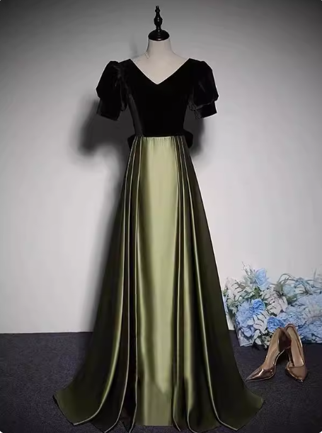 Vintage Black & Green Color Block A-line V-neck Velvet Satin Long Prom Dress Evening Dress P4605