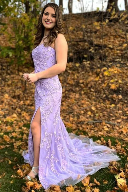 omberprom Elegant Mermaid Evening Dress Strapless Lace Long Prom Dress with Slit