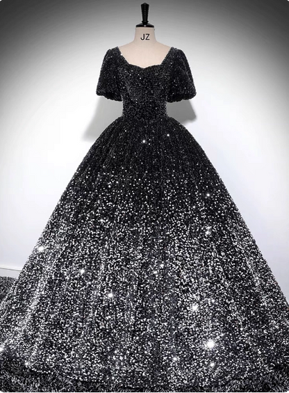Luxury Shiny Black-Silver Gradient A-line Short Sleeve Sequin Long Prom Dress Evening Dress P4606