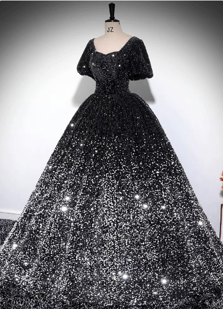 Luxury Shiny Black-Silver Gradient A-line Short Sleeve Sequin Long Prom Dress Evening Dress P4606