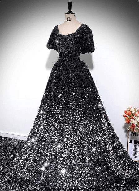 Luxury Shiny Black-Silver Gradient A-line Short Sleeve Sequin Long Prom Dress Evening Dress P4606