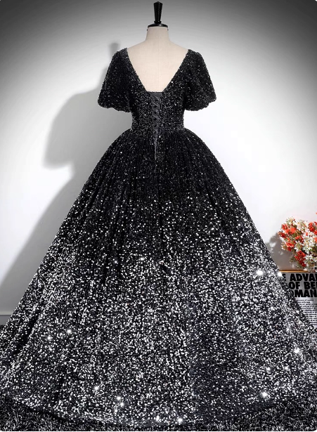 Luxury Shiny Black-Silver Gradient A-line Short Sleeve Sequin Long Prom Dress Evening Dress P4606