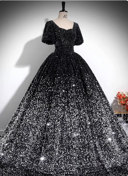 Luxury Shiny Black-Silver Gradient A-line Short Sleeve Sequin Long Prom Dress Evening Dress P4606